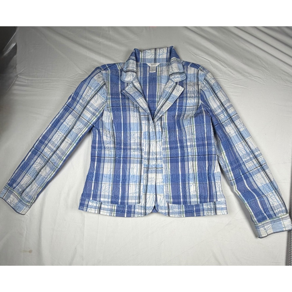 Christopher & Banks Blue Plaid Embroidered Textured Blazer Jacket Womens Small